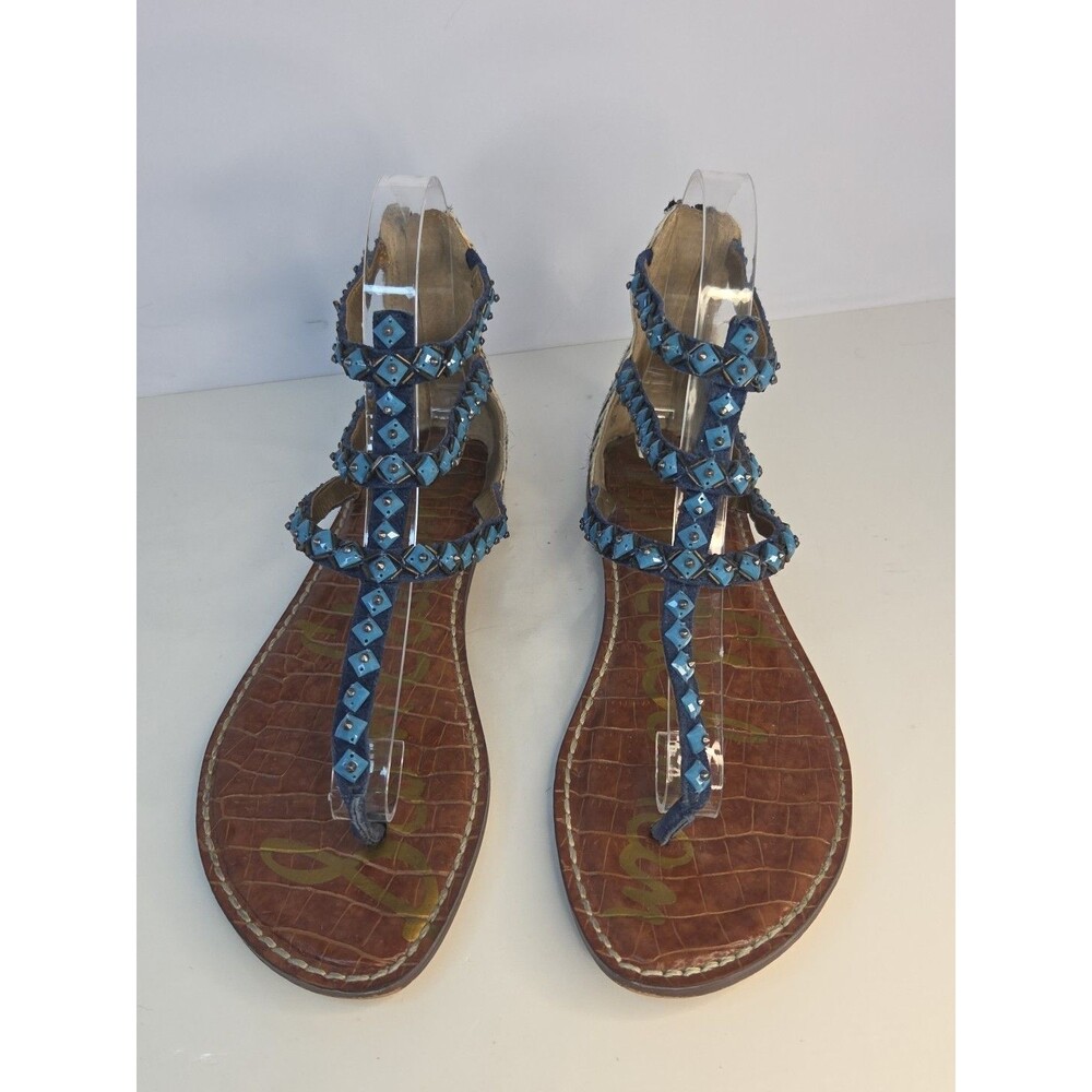 Sam Edelman 'GREYSON' Turquoise Studded Blue Leather Sandal Cowhide Backheel 7.5 - Picture 6 of 11